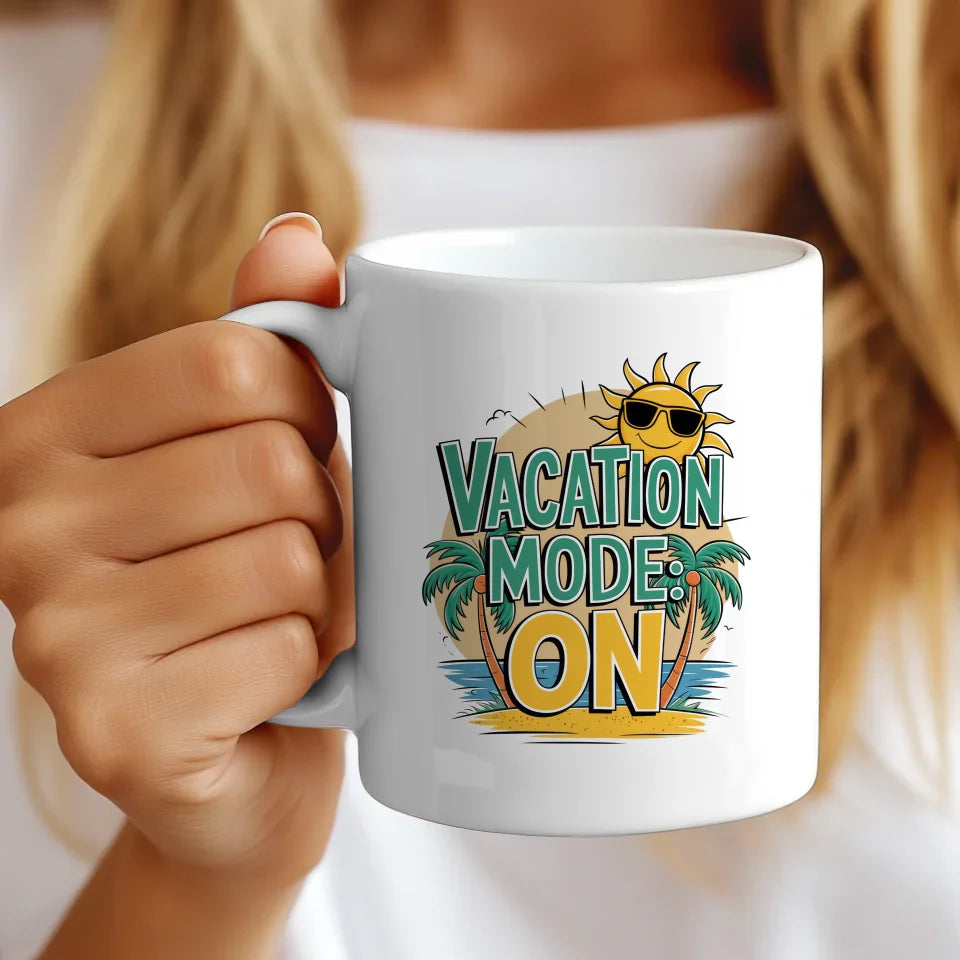 Lustige Tasse Urlaubsmodus Ein mit Cartoon Sonne und Palmen Design