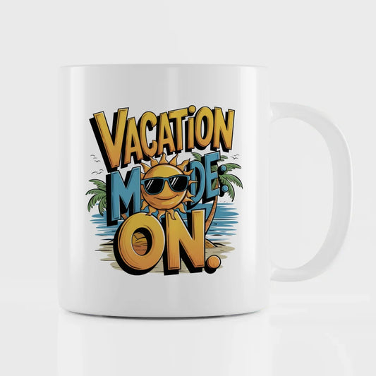 Lustige Tasse mit Urlaubsmodus Cartoon Sonne und Palmen Design