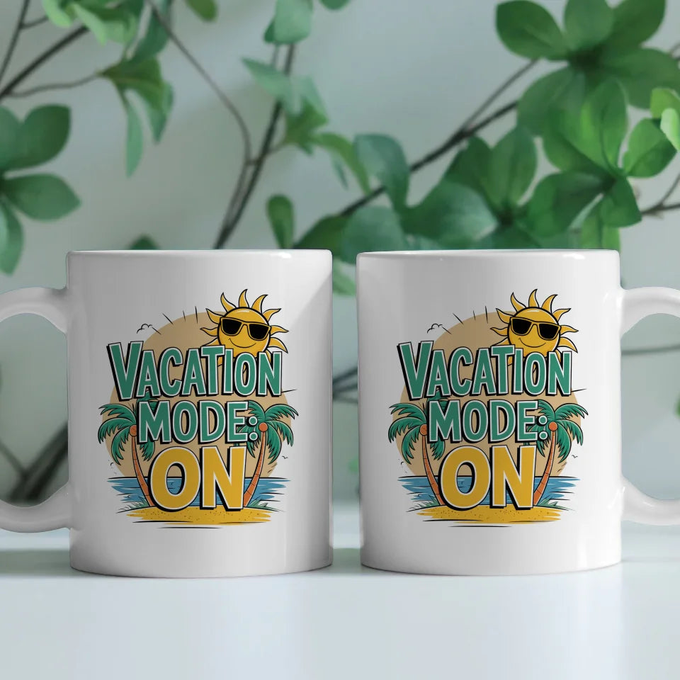 Lustige Tasse Urlaubsmodus Ein mit Cartoon Sonne und Palmen Design