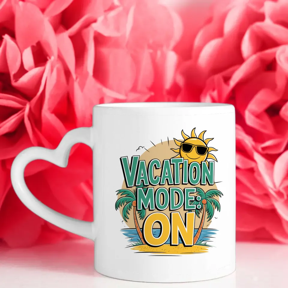 Lustige Tasse Urlaubsmodus Ein mit Cartoon Sonne und Palmen Design