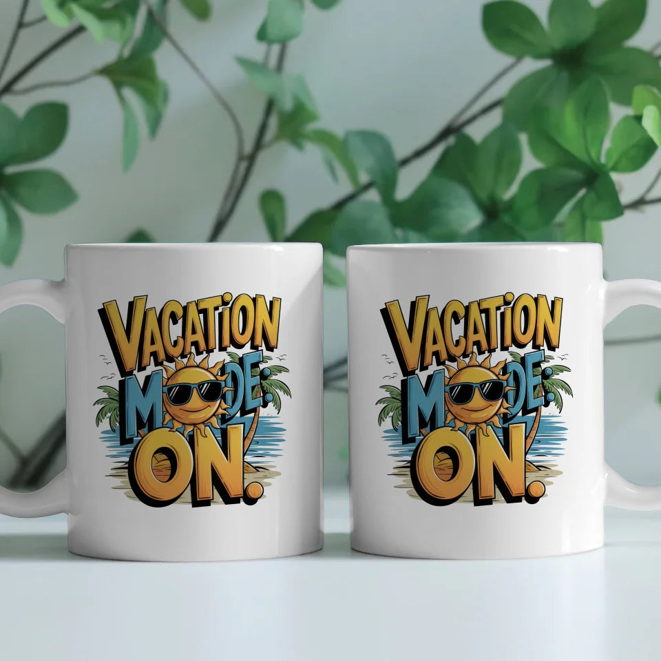 Lustige Tasse mit Urlaubsmodus Cartoon Sonne und Palmen Design
