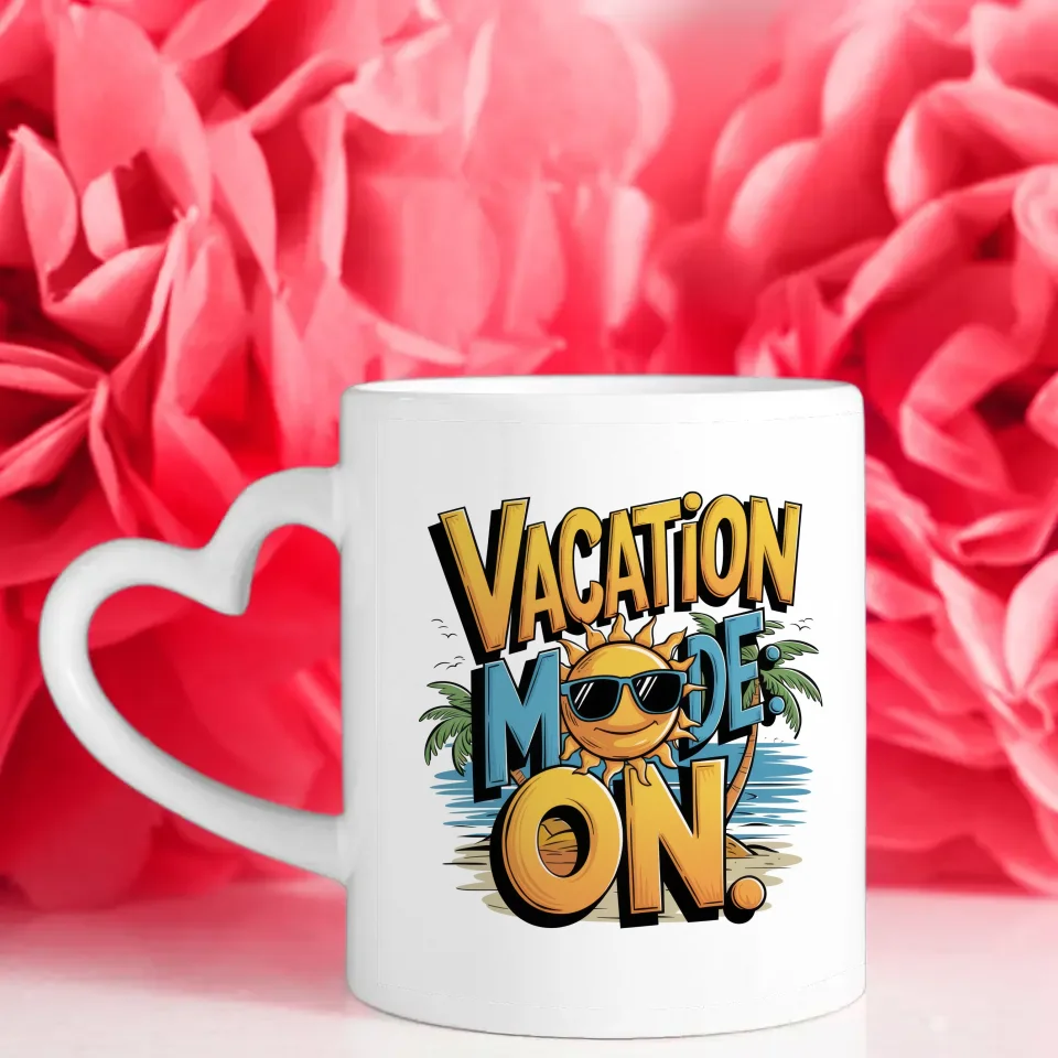 Lustige Tasse mit Urlaubsmodus Cartoon Sonne und Palmen Design