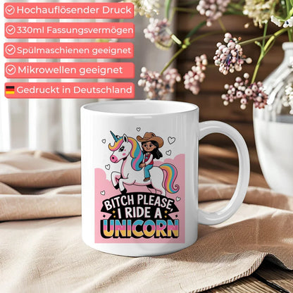 Einhorn Tasse mit Mädchen Cowboyhut buntem Design für Tierliebhaber