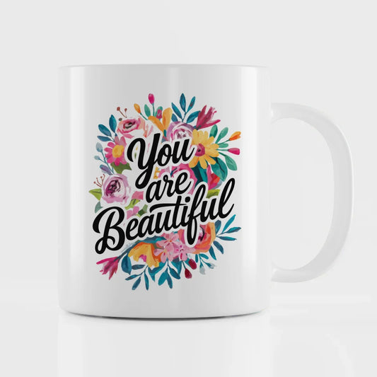 Motivations Tasse mit Spruchbilder Blumenmotiv Du bist schön