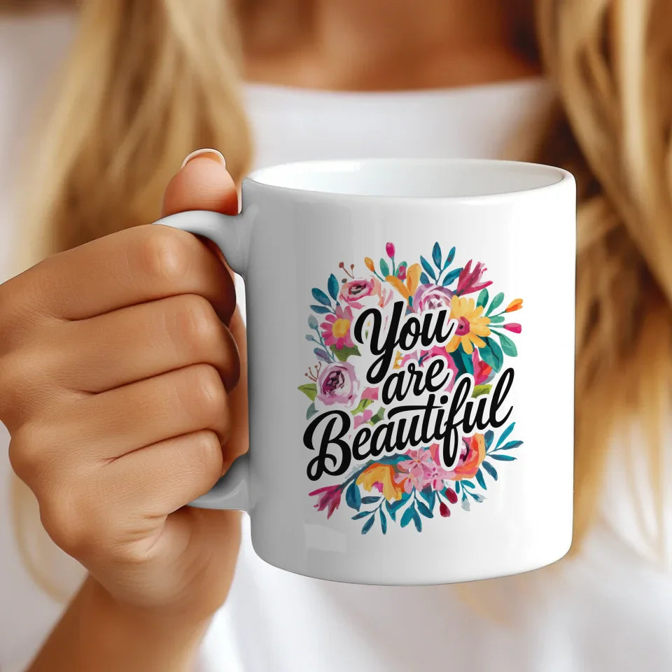 Motivations Tasse mit Spruchbilder Blumenmotiv Du bist schön