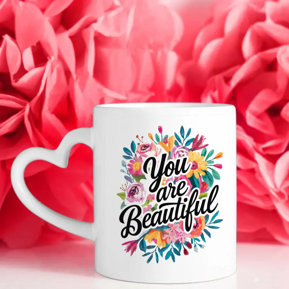 Motivations Tasse mit Spruchbilder Blumenmotiv Du bist schön