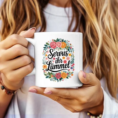 Lustige Sprüche Tasse mit Blumenmotiv Servus ihr Lümmel