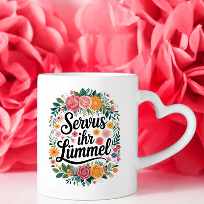 Lustige Sprüche Tasse mit Blumenmotiv Servus ihr Lümmel
