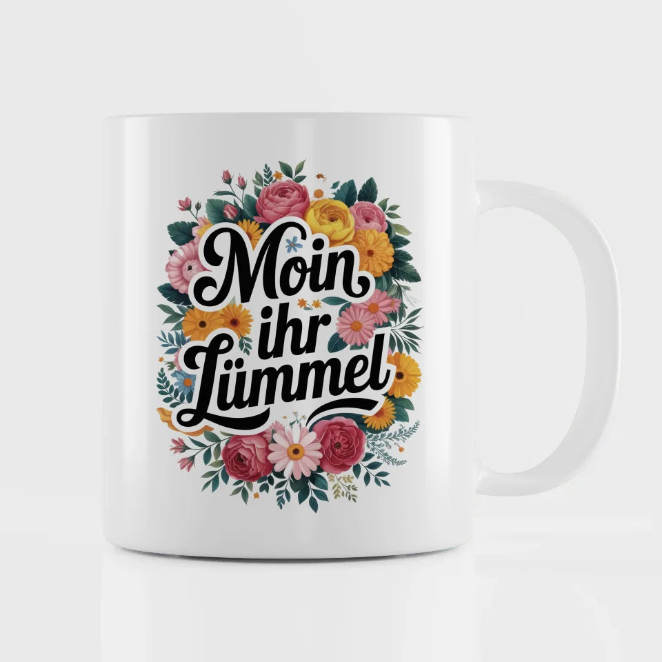 Lustige Sprüche Tasse mit Blumenmuster Moin ihr Lümmel Geschenkidee