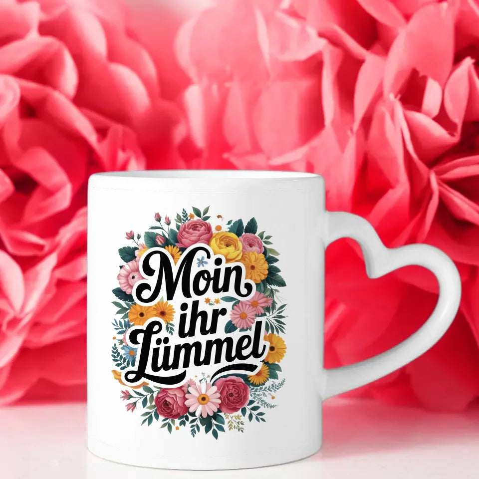 Lustige Sprüche Tasse mit Blumenmuster Moin ihr Lümmel Geschenkidee