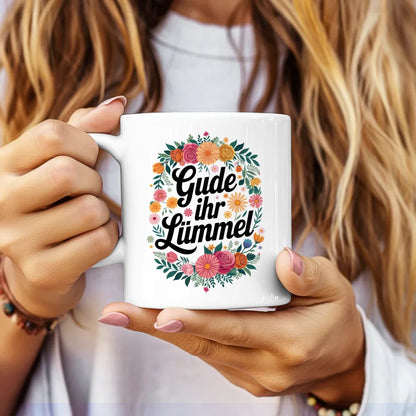 Lustige Sprüche Tasse mit Blumen Motiv und Zitat Gude ihr Lümmel