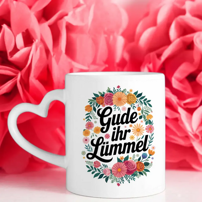 Lustige Sprüche Tasse mit Blumen Motiv und Zitat Gude ihr Lümmel