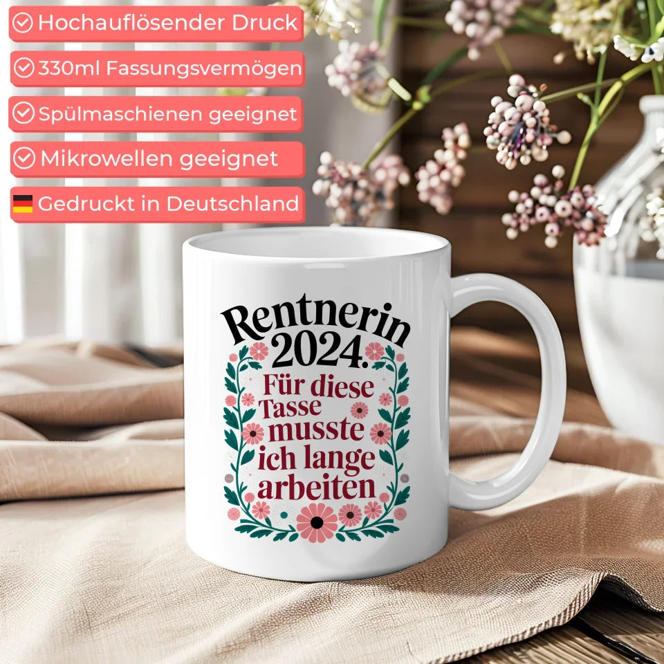 Lustige Tasse Rentnerin 2024 mit Blumenmuster für gute Laune
