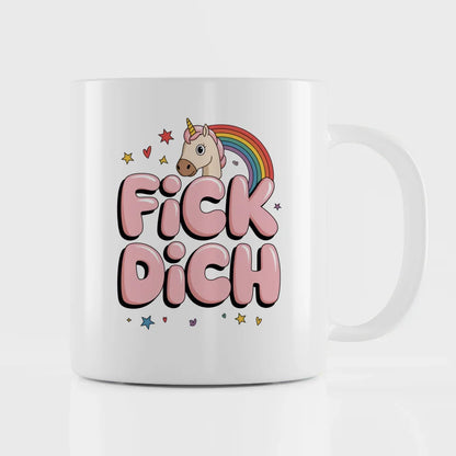 Tasse Tiere FICK DICH mit Cartoon-Pferd und buntem Regenbogen Design