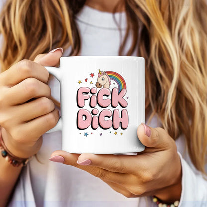 Tasse Tiere FICK DICH mit Cartoon-Pferd und buntem Regenbogen Design