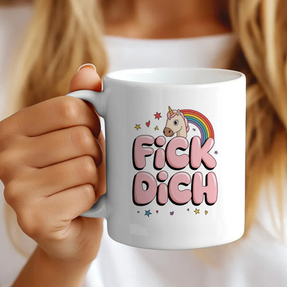 Tasse Tiere FICK DICH mit Cartoon-Pferd und buntem Regenbogen Design