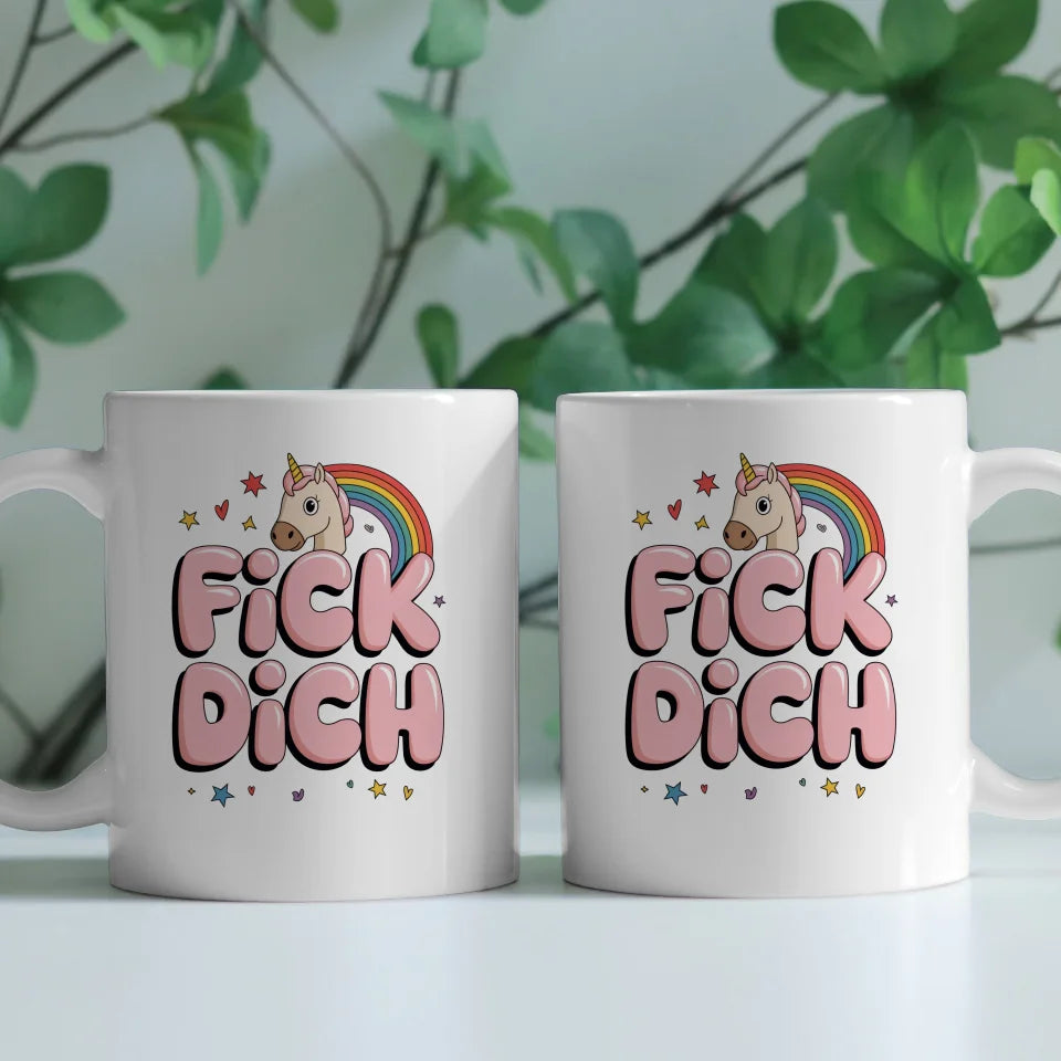 Tasse Tiere FICK DICH mit Cartoon-Pferd und buntem Regenbogen Design