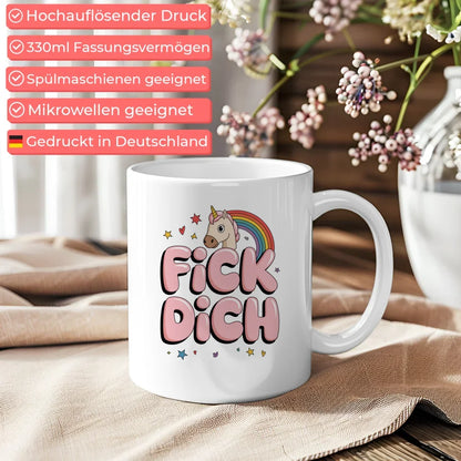 Tasse Tiere FICK DICH mit Cartoon-Pferd und buntem Regenbogen Design