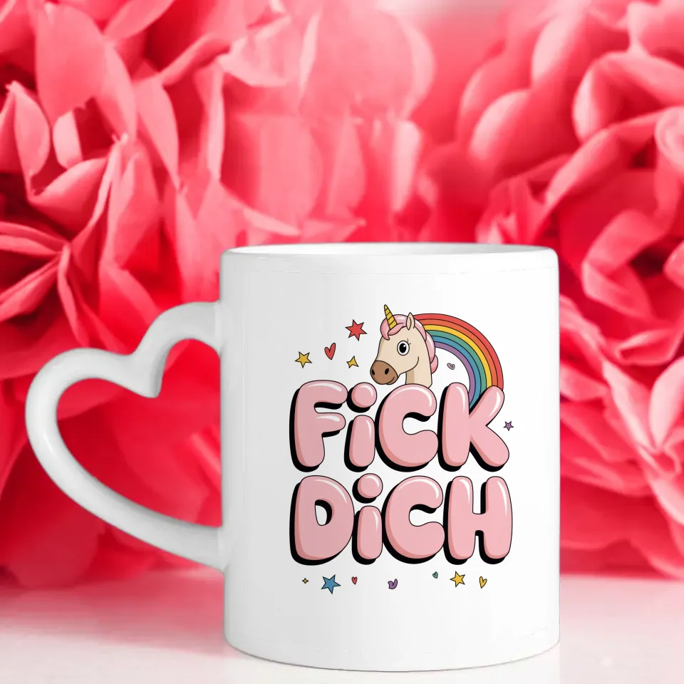 Tasse Tiere FICK DICH mit Cartoon-Pferd und buntem Regenbogen Design