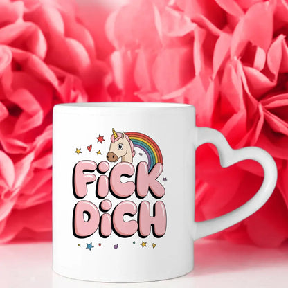 Tasse Tiere FICK DICH mit Cartoon-Pferd und buntem Regenbogen Design