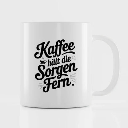 Lustige Sprüche Tasse mit Kaffee hält die Sorgen fern im Vintage Stil