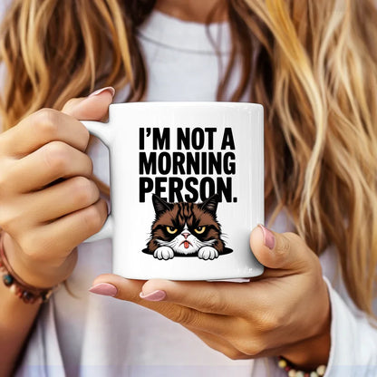 Lustige Tasse mit Spruch Ich bin kein Morgenmensch und Katze schwarz weiß