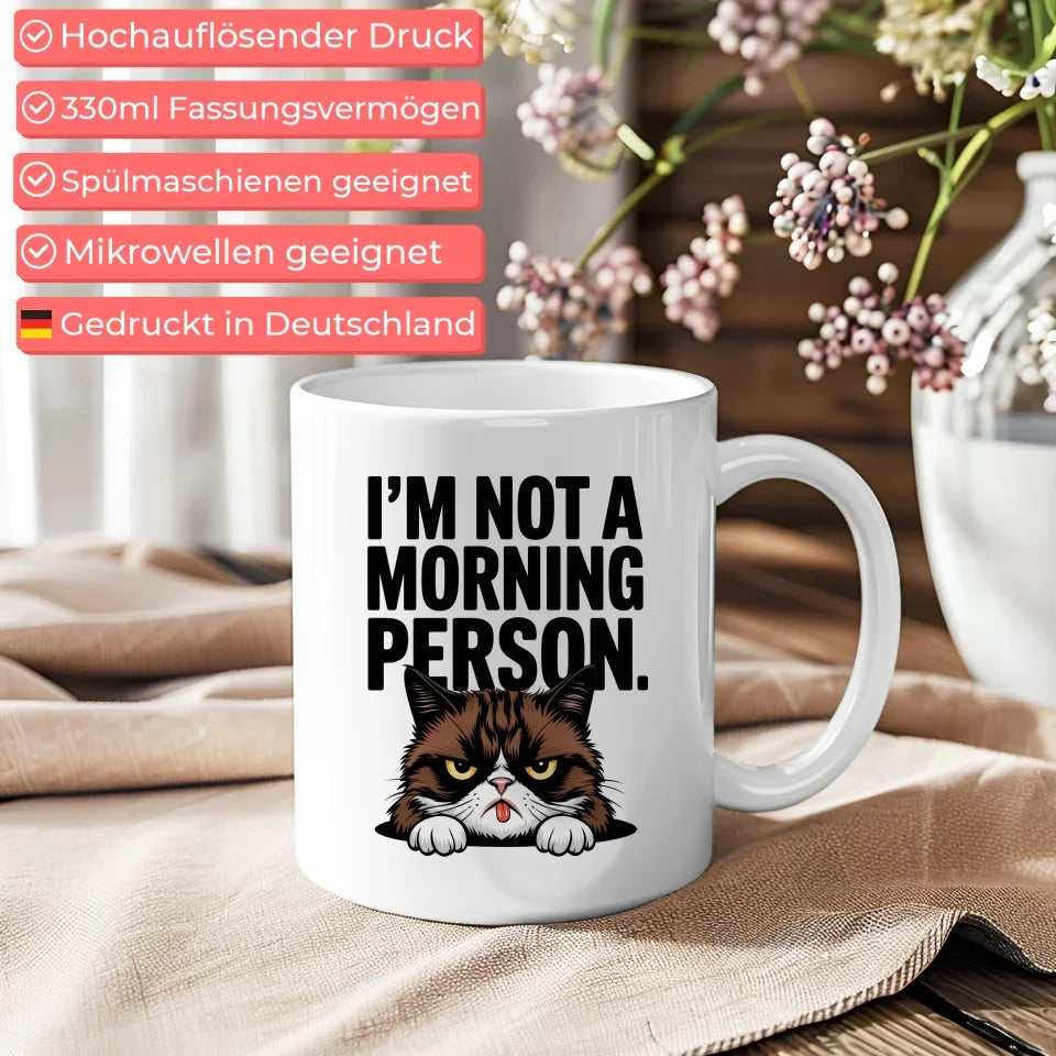 Lustige Tasse mit Spruch Ich bin kein Morgenmensch und Katze schwarz weiß