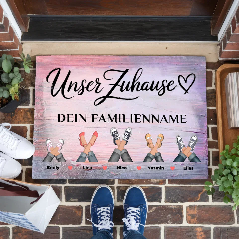 Fußmatte mit Namen Unser Zuhause Vintage Holz Bunt personalisierte Geschenke 1