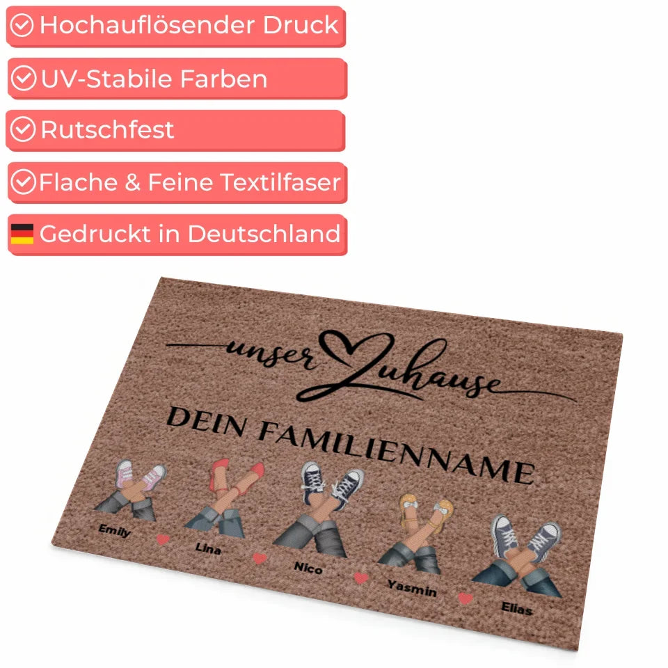 Familien Fußmatte mit Namen Unser Zuhause Dunkelbraun personalisiert