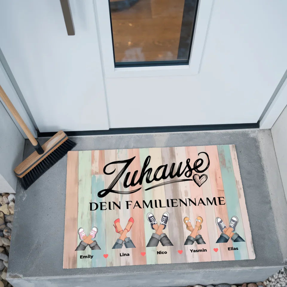 Personalisierte Familie Fußmatte Holz Bunt Pastell für Zuhause