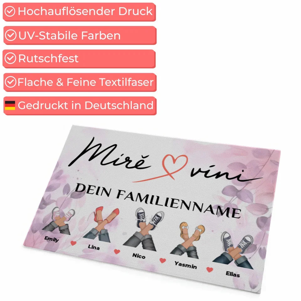 Personalisierte Fußmatte mit Namen Rosa Floral Willkommen Albanisch