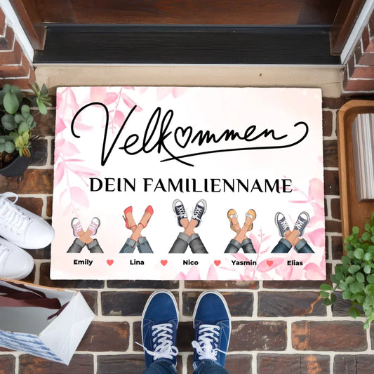 Personalisierte Fußmatte mit Namen Rosa Floral Velkommen