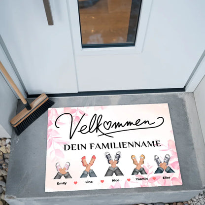 Personalisierte Fußmatte mit Namen Rosa Floral Velkommen