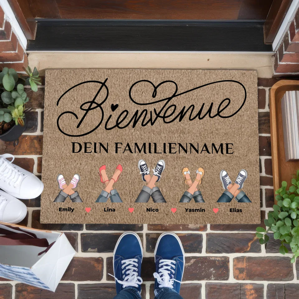 Personalisierte Familie Fußmatte Braun Hell Willkommen Bienvenue