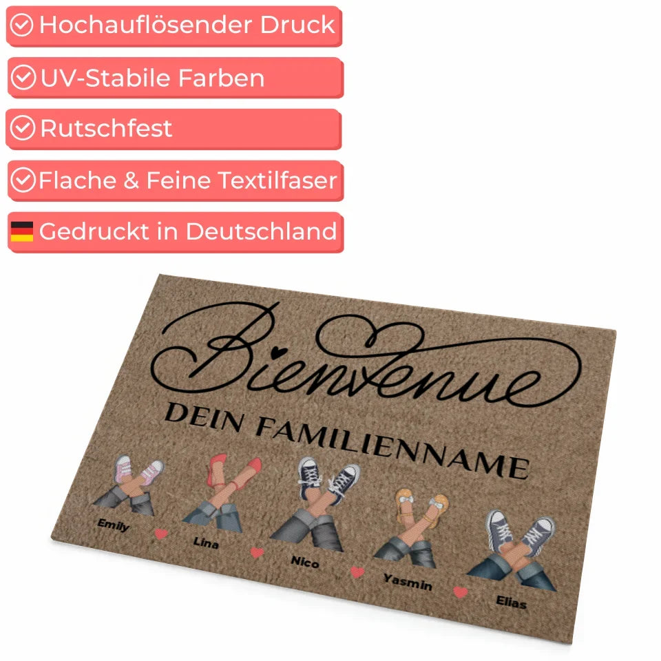 Personalisierte Familie Fußmatte Braun Hell Willkommen Bienvenue