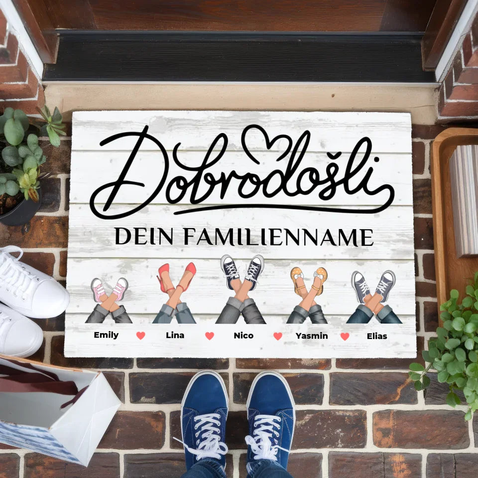 Familien Fußmatte mit Namen Vintage Weiß Willkommen Dobrodošli 1