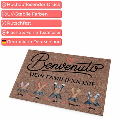 Personalisierte Familie Fußmatte Dunkelbraun Willkommen Benvenuto  mit Namen