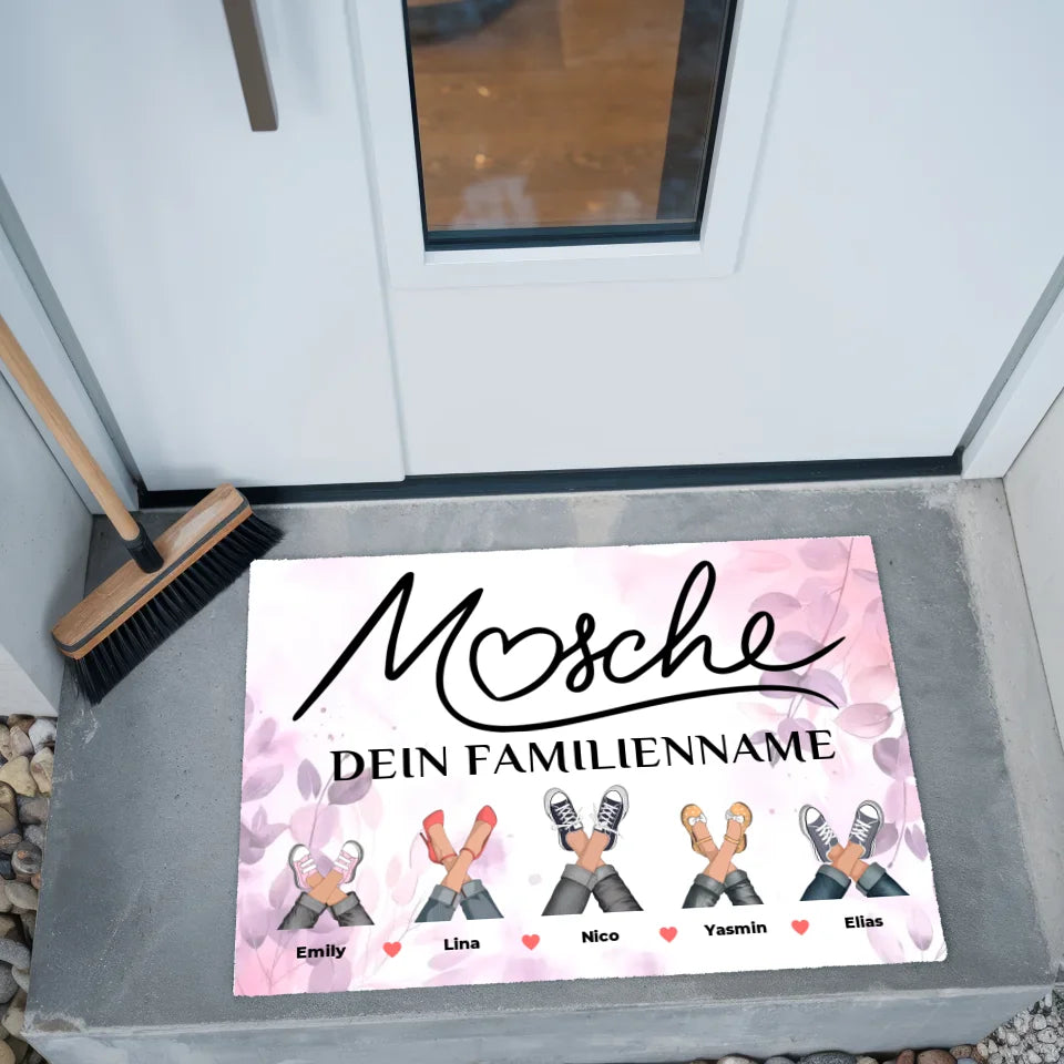 Fußmatte personalisiert Familie Willkommen Auf Pfälzisch Mosche Pink Rosa Floral