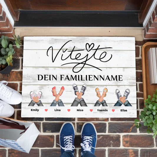 Personalisierte Familie Fußmatte mit Namen Willkommen Vítejte Vintage Weiß Sehr