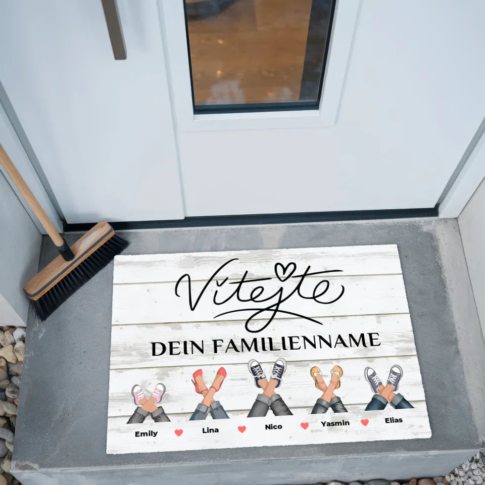 Personalisierte Familie Fußmatte mit Namen Willkommen Vítejte Vintage Weiß Sehr 2