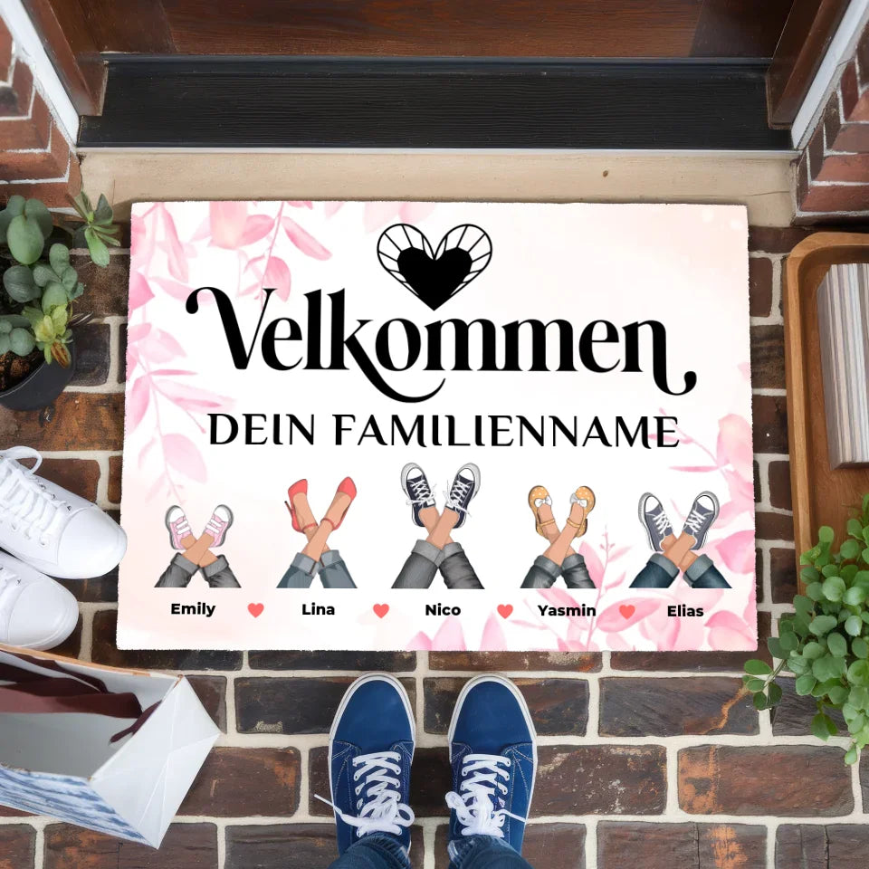 Personalisierte Fußmatte Familie Rosa Floral Willkommen Auf Dänisch