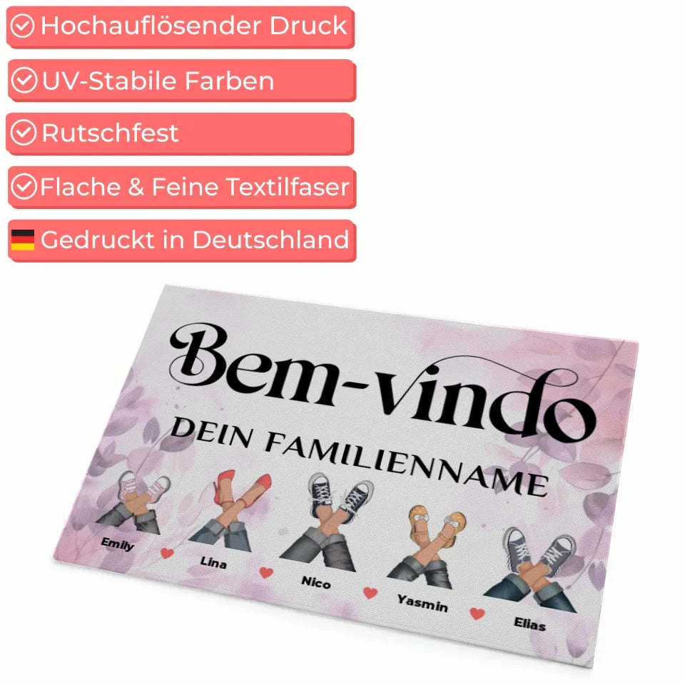 Personalisierte Fußmatte Willkommen Auf Portugiesisch Pink Rosa Floral