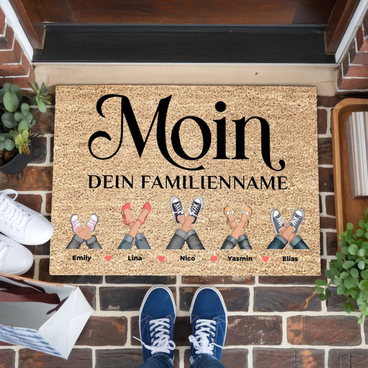 Personalisierte Familien Fußmatte Moin Braun mit Namen gestalten