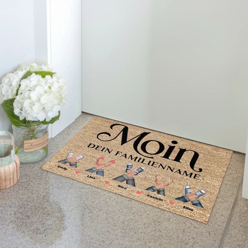 Personalisierte Familien Fußmatte Moin Braun mit Namen gestalten 3