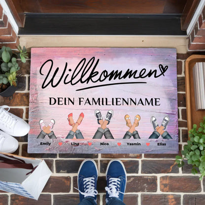 Fußmatte personalisiert Familie Willkommen Vintage Holz Bunt Geschenkideen