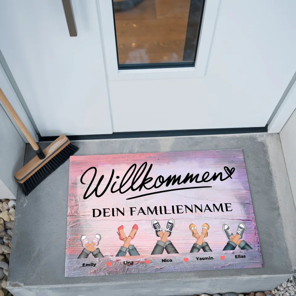 Fußmatte personalisiert Familie Willkommen Vintage Holz Bunt Geschenkideen