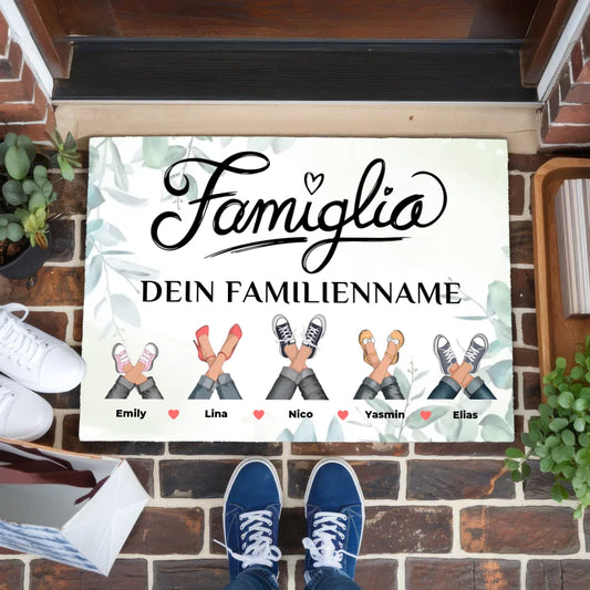 Personalisierte Fußmatte mit Namen Famiglia Eukalyptus Stil für die Familie