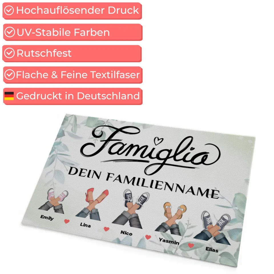 Personalisierte Fußmatte mit Namen Famiglia Eukalyptus Stil für die Familie