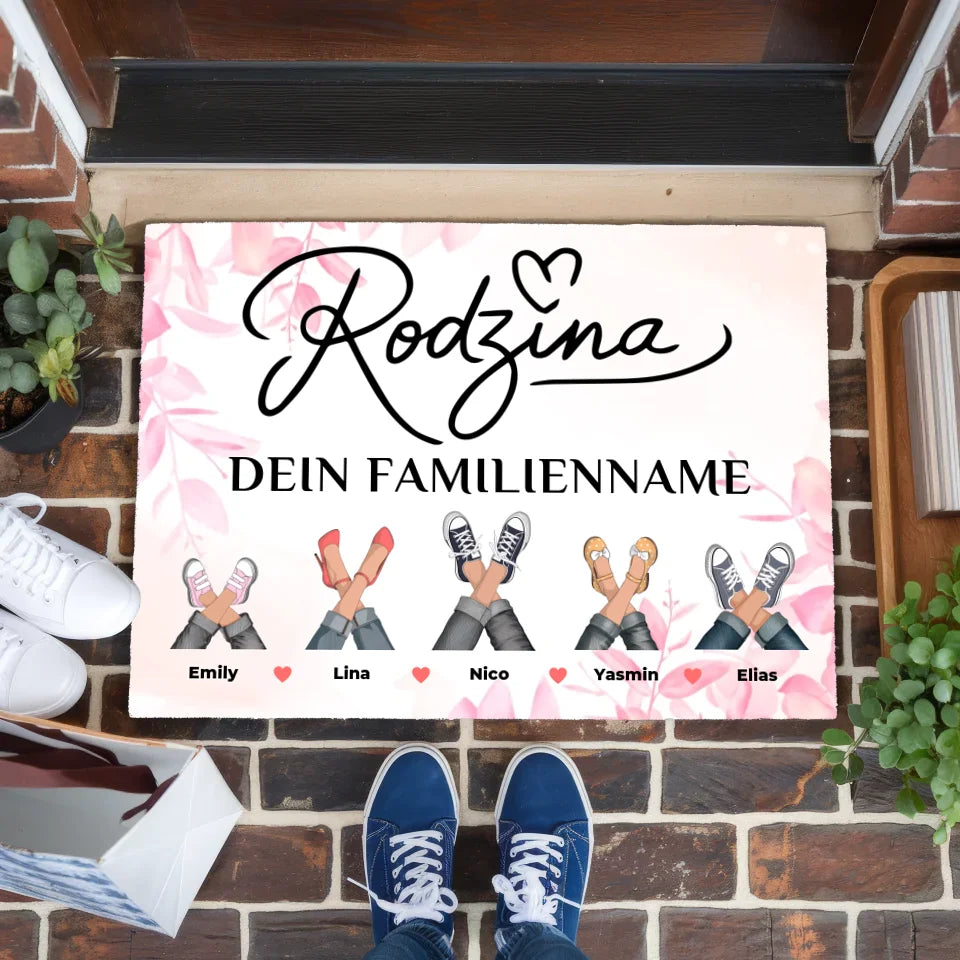 Personalisierte Fußmatte Familie Auf Polnisch Rodzina Rosa Floral 1