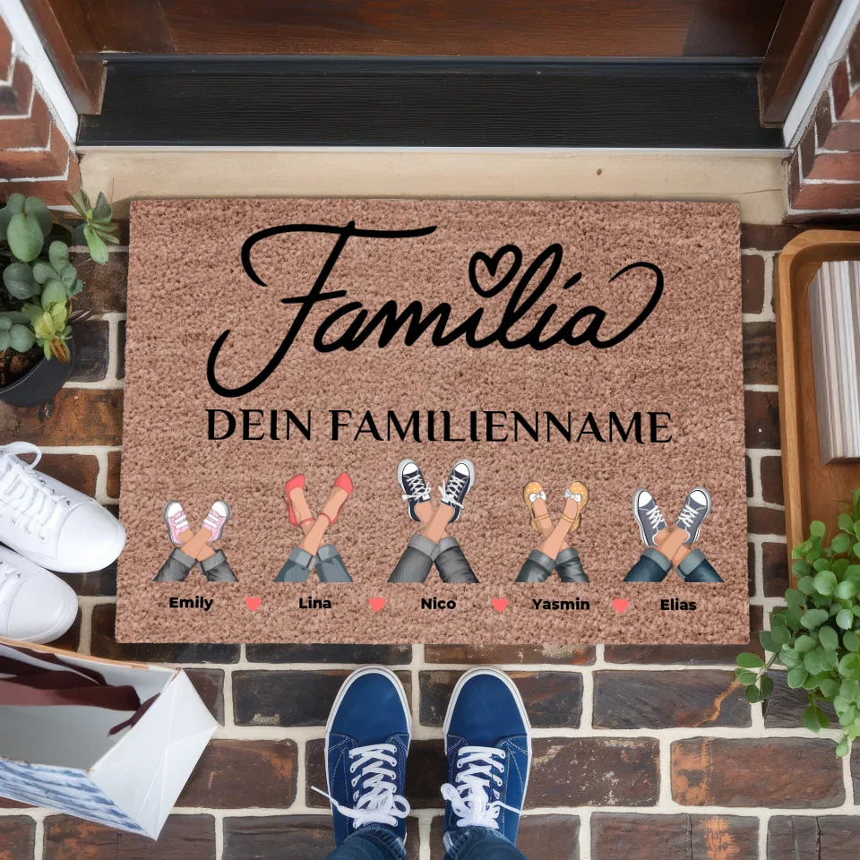 Personalisierte Fußmatte Dunkelbraun Familie auf Portugiesisch Família